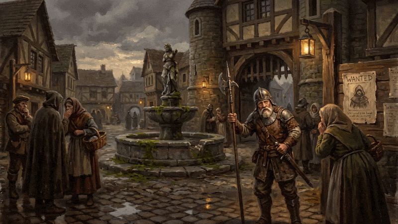 Ashgard key art — a village square at dusk, guard on watch by the fountain