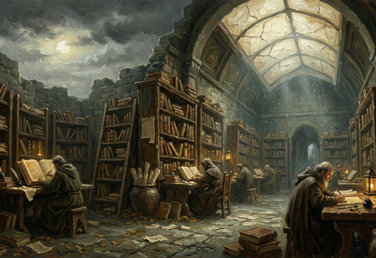 Vellumreach key art — scribes at work in a ruined vaulted library