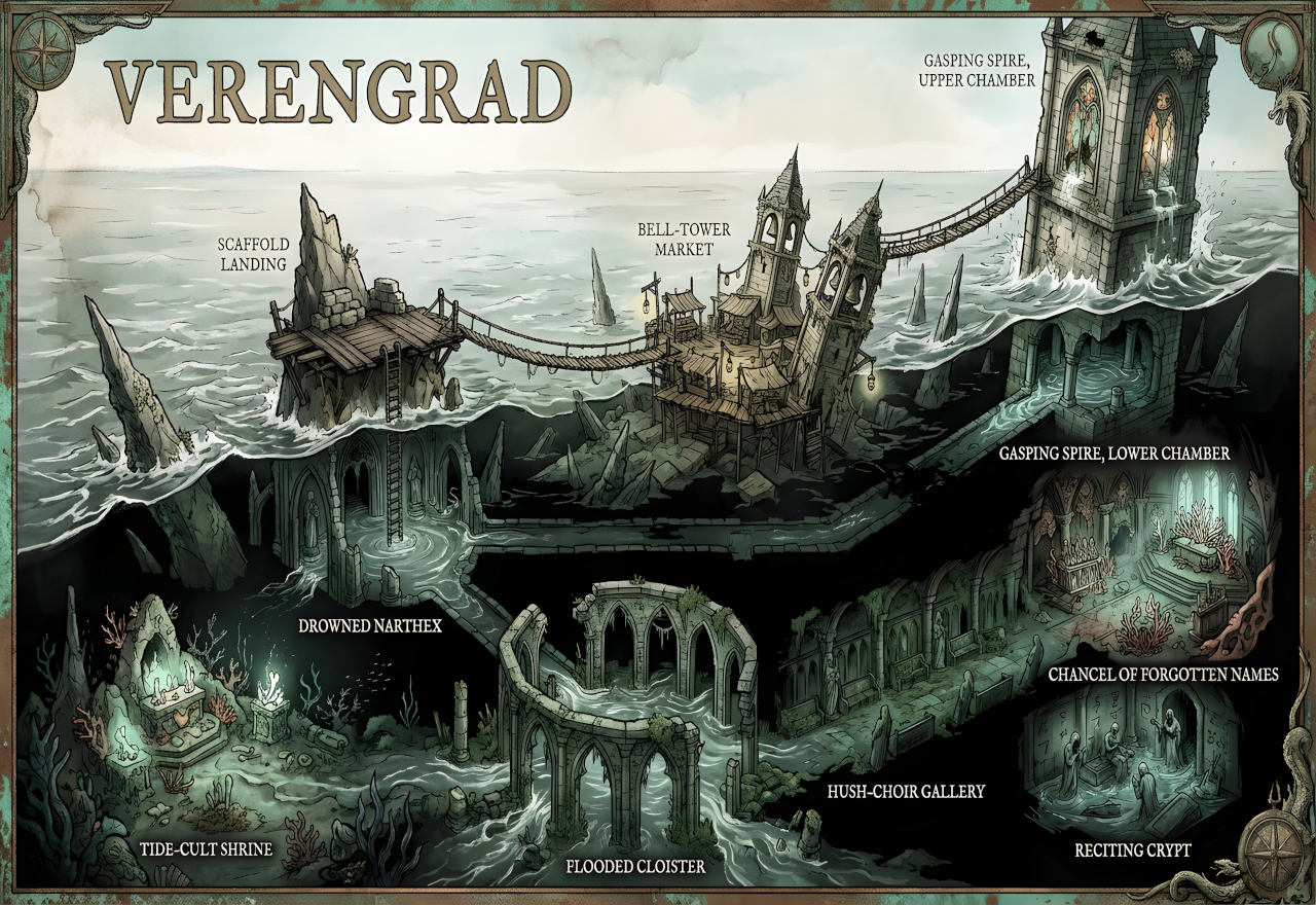Verengrad key art — a drowned cathedral city above and below the tideline